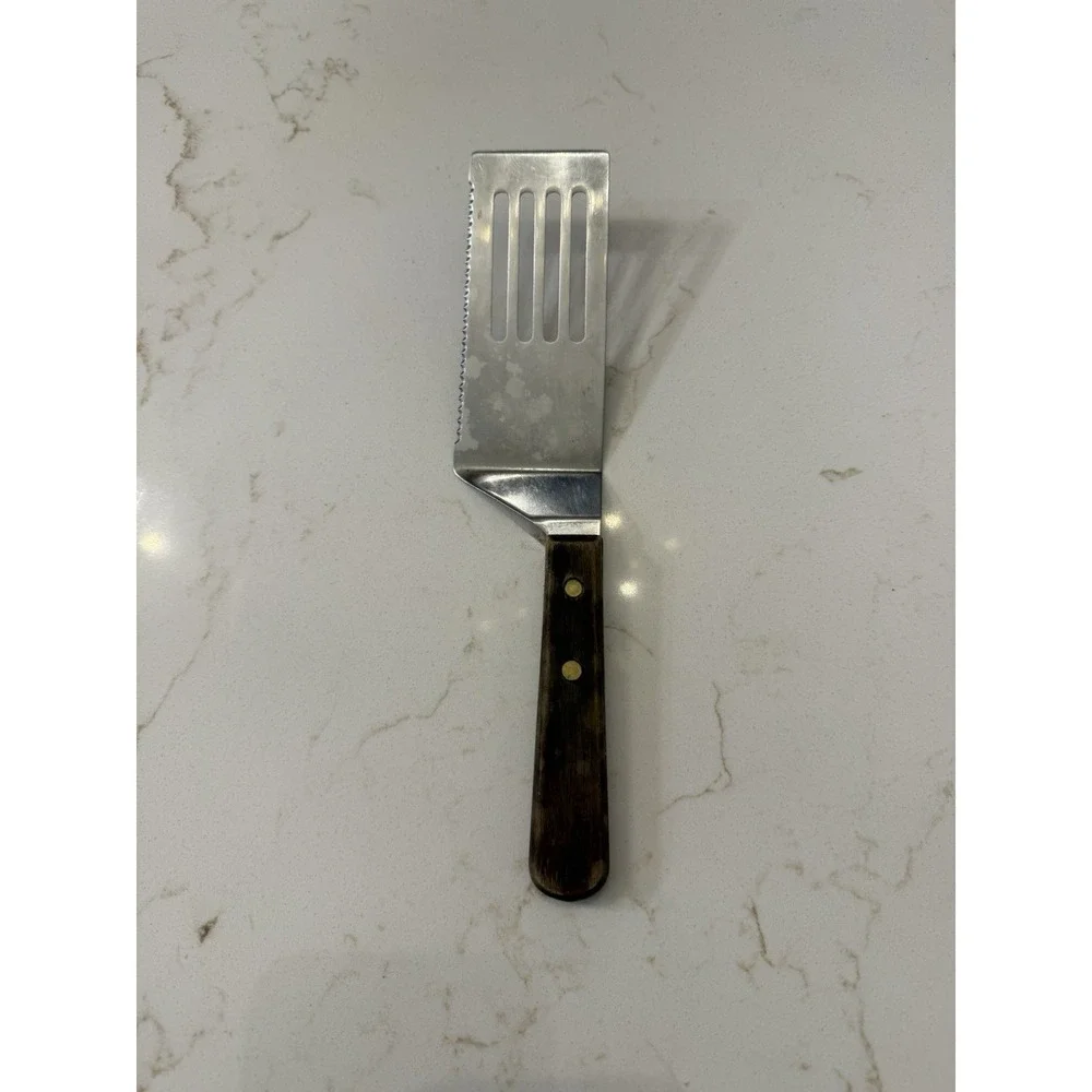 Vintage Short Wood Handle Serrated Slotted Spatula Made In Japan Turner Server